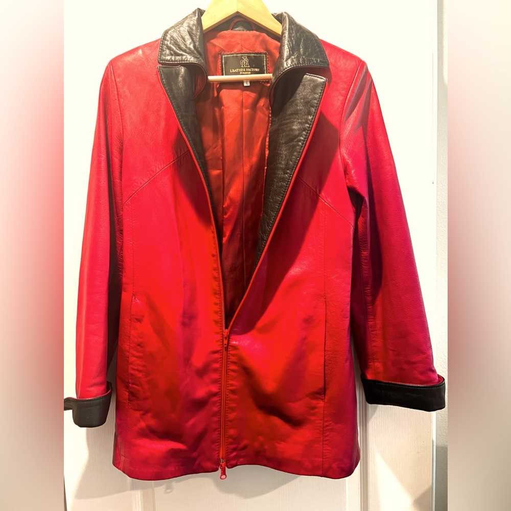 Red leather jacket with black collar